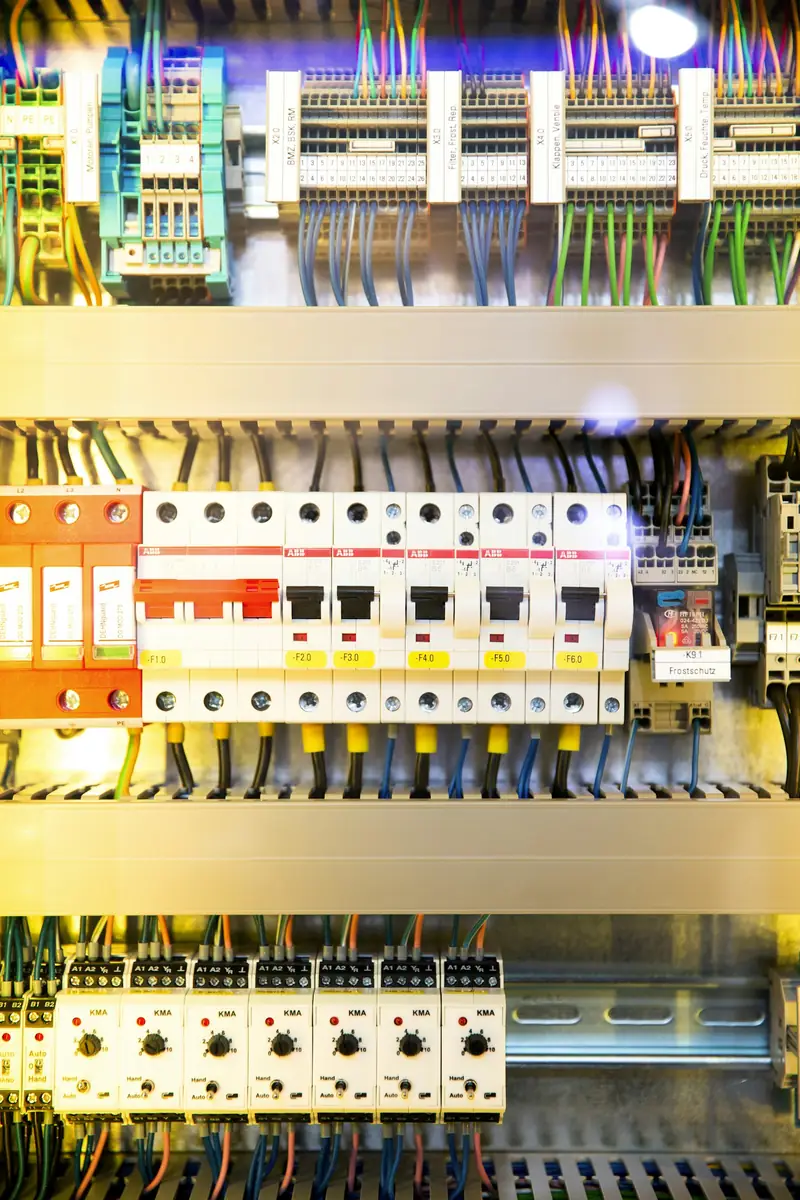 Electrical distribution board with circuit breakers and wiring