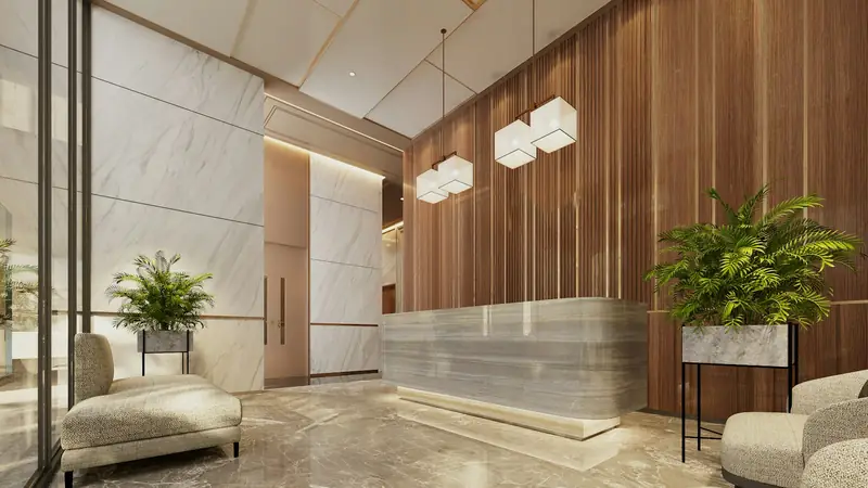 Modern hotel lobby with reception desk