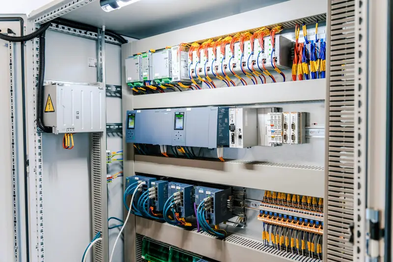 Panel kontrol listrik industri dengan wiring dan modul