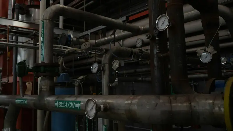 Network of industrial pipes, valves and pressure gauges